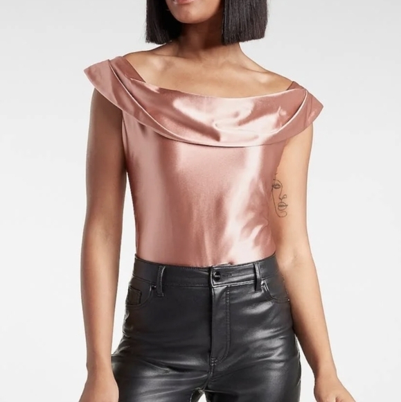 Express Tops - NWT Express Satin Off The Shoulder Copper Metallic Bodysuit size XS